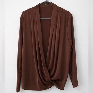 Brown Long Sleeve Draped Wrap Blouse Size L Elegant V Neck Top